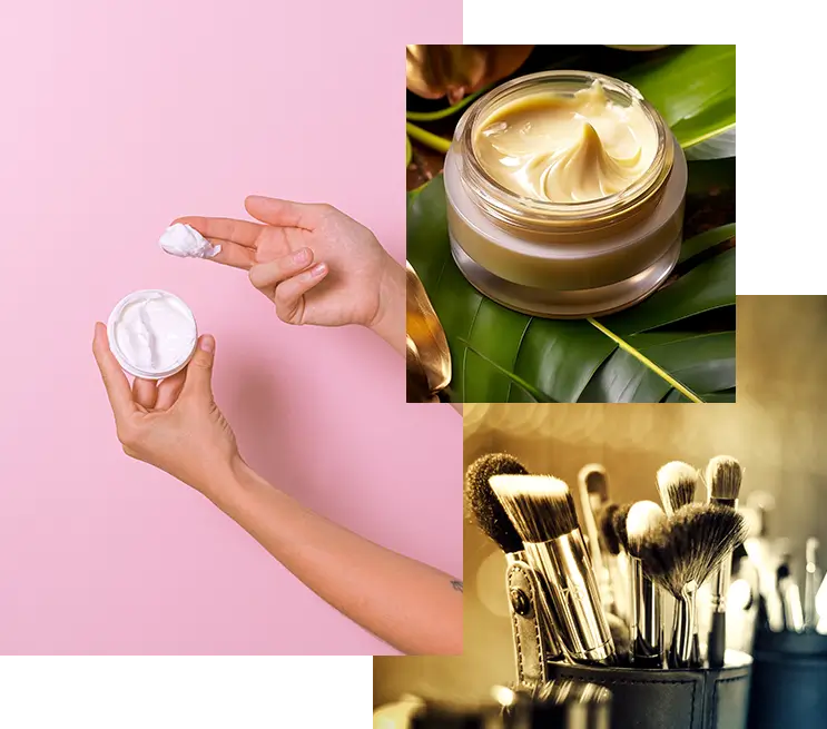 A collage of three different pictures with makeup products.